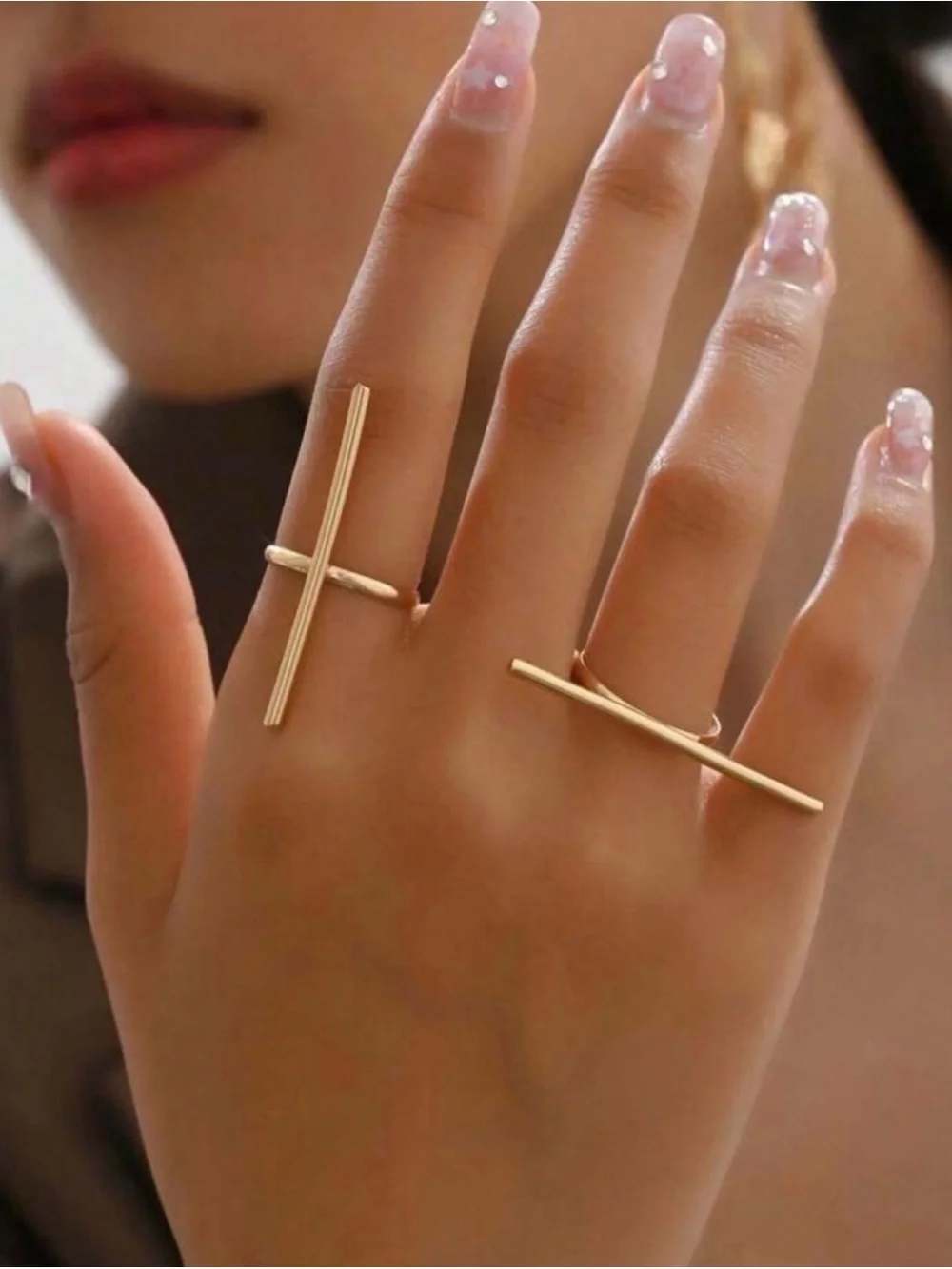 Gold Horizontal Bar Cross Ring - Set of 2